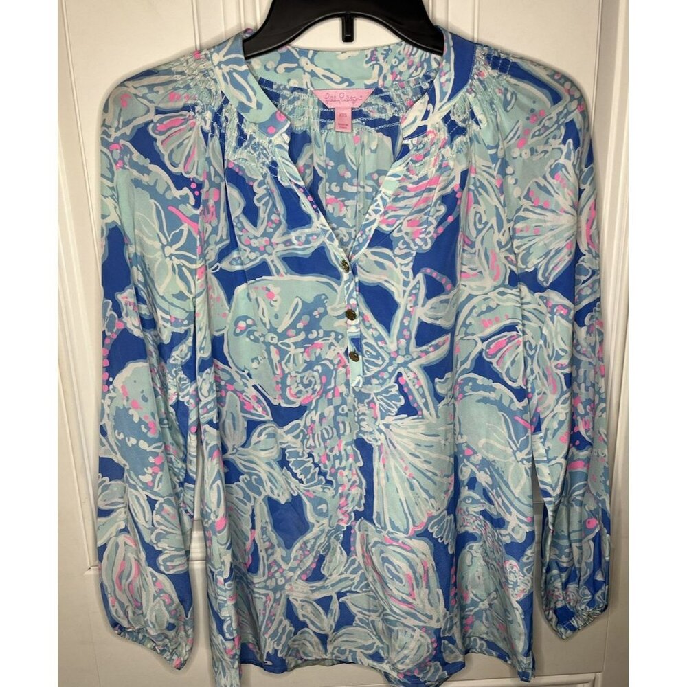 Lilly Pulitzer 100% Silk Elsa Top Shirt Bay Blue Into The Deep Size Xxs Woman’s